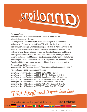 CLAAS Mähdrescher Consul Bild- Bedienungsanleitung & Grundeinstellung Tabellen Wartungshinweise - annoligno 597